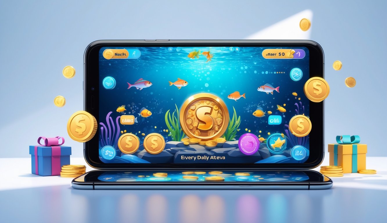 Sebuah perangkat digital menampilkan permainan tembak ikan dengan ikon bonus dan koin di latar bawah laut.