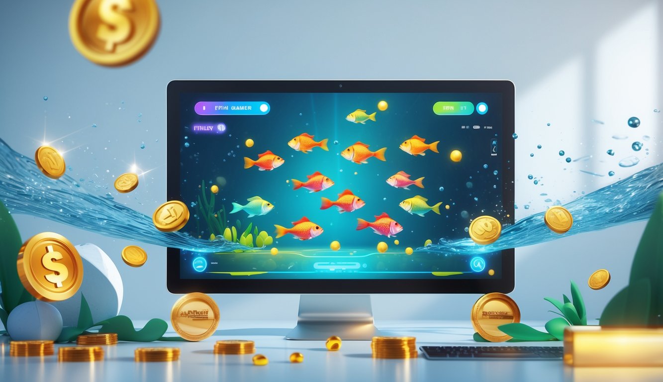 Layar perangkat digital menampilkan permainan menembak ikan dengan ikan berwarna-warni dan simbol bonus di sekitar layar.