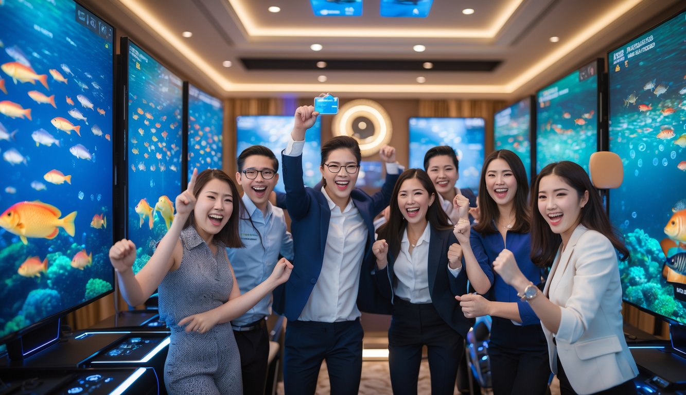 Sejumlah pemain antusias sedang bermain game tembak ikan di ruang permainan modern dengan layar besar yang menampilkan ikan berwarna-warni di bawah laut.