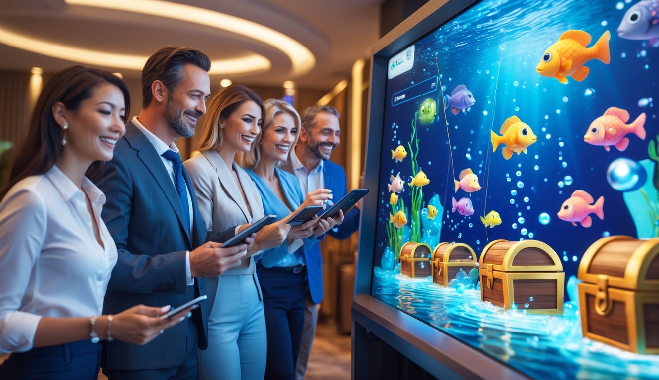 Beberapa orang sedang bermain game memancing di perangkat layar sentuh dengan latar belakang elemen bawah laut berwarna-warni dan suasana yang menyenangkan.