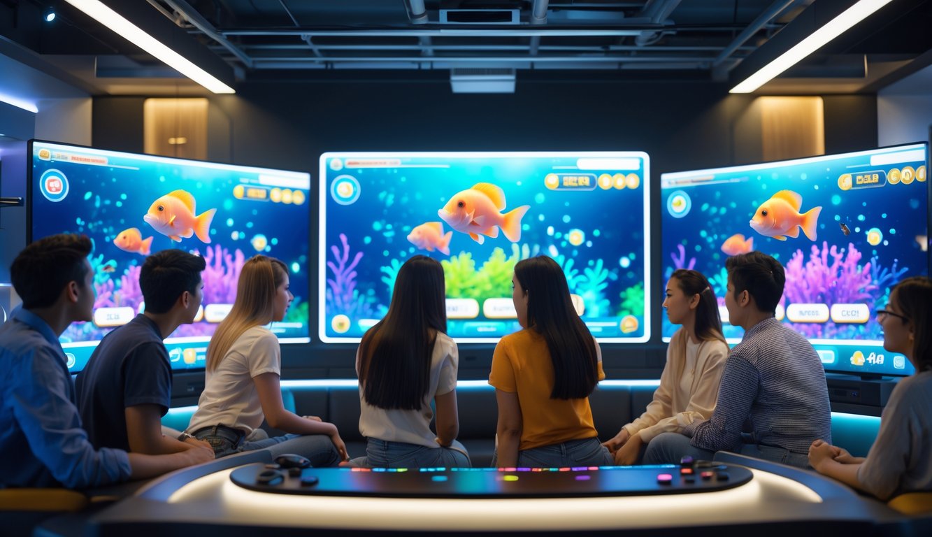 Sekelompok orang muda sedang bermain game tembak ikan di layar besar dengan suasana cerah dan nyaman.