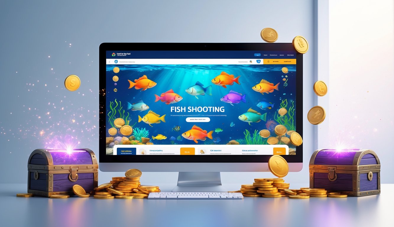 Sebuah perangkat digital menampilkan permainan tembak ikan dengan ikan berwarna-warni dan simbol hadiah di sekitarnya.