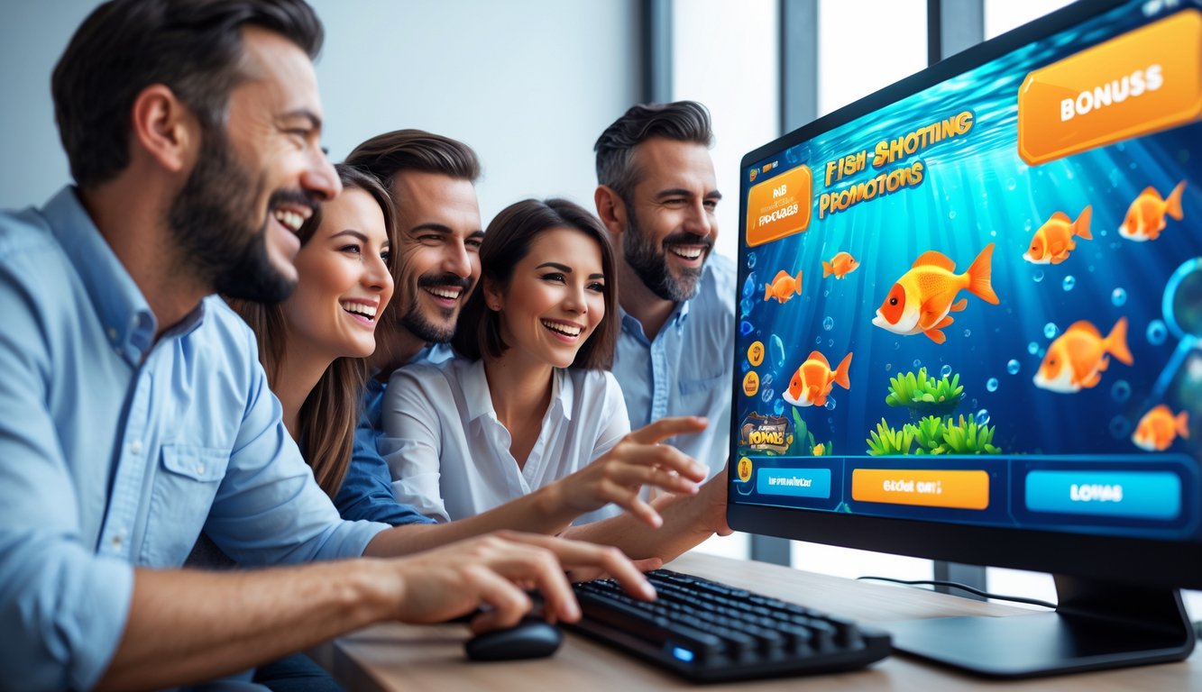 Orang-orang bermain game tembak ikan di depan komputer dengan tampilan permainan bawah laut yang berwarna-warni dan suasana yang menyenangkan.