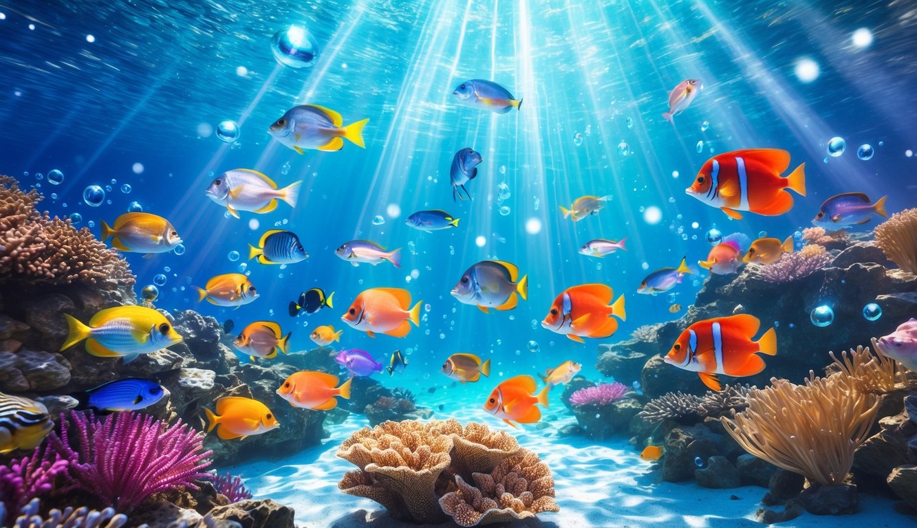 Pemandangan bawah laut dengan terumbu karang berwarna-warni dan ikan tropis yang berenang ramai.