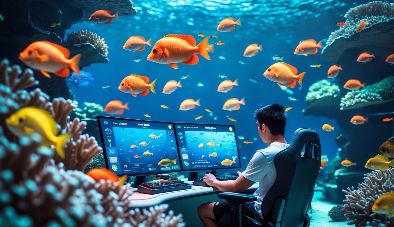 Seorang pemain game sedang fokus bermain game menembak ikan dengan latar bawah laut berwarna-warni dan ikan tropis yang berenang di sekitar terumbu karang.