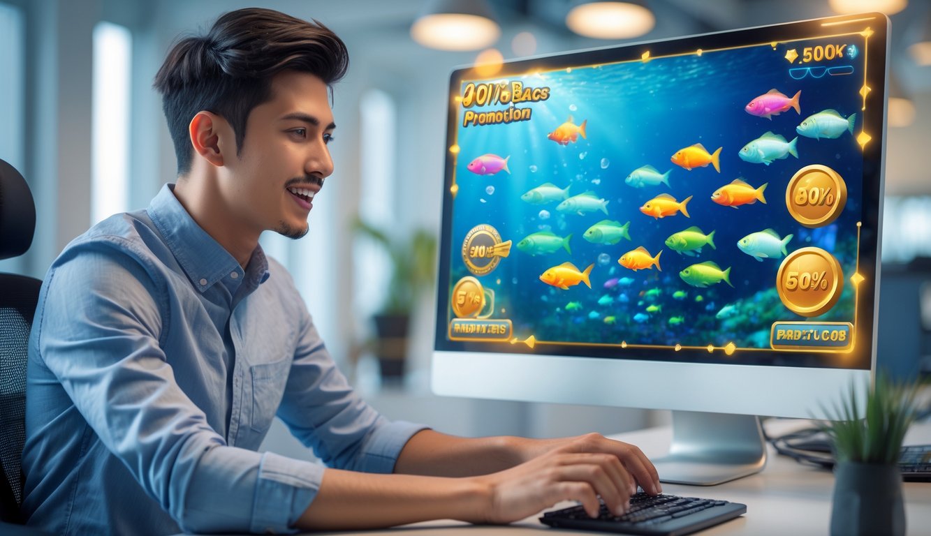 Seorang pria muda sedang bermain game memancing online di komputer dengan latar kantor modern.