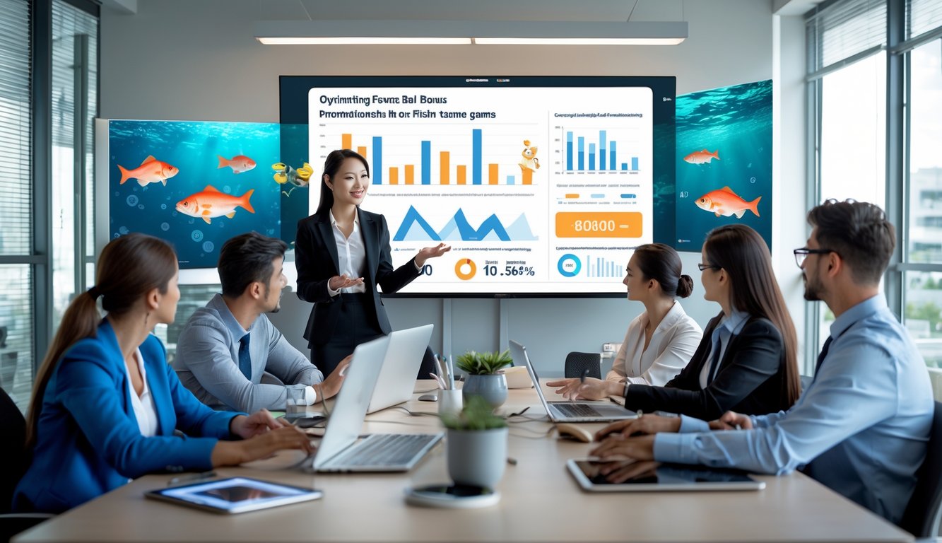 Sekelompok profesional muda sedang rapat strategi di kantor dengan presentasi data tentang promo bonus permainan tembak ikan.