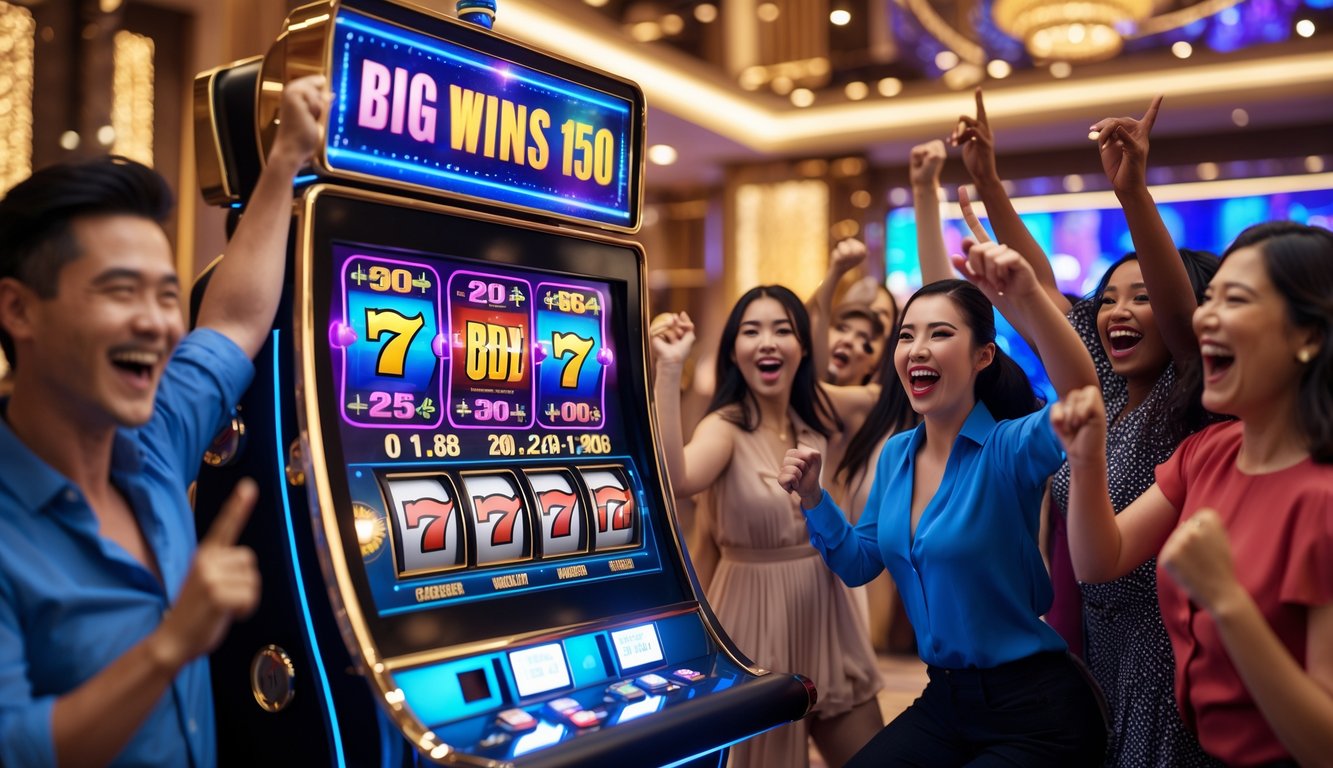 Orang-orang gembira bermain mesin slot 3D di kasino mewah dengan dekorasi merah dan emas.