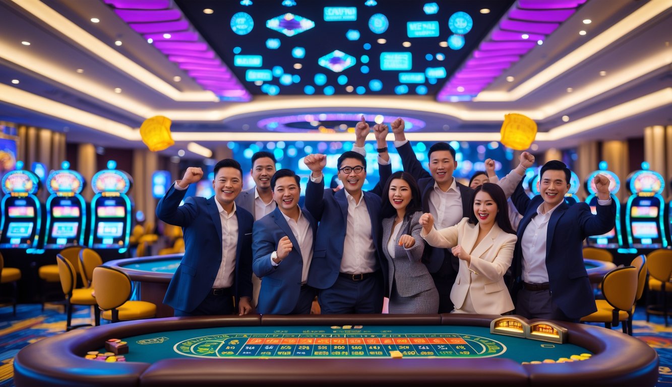 Orang-orang merayakan kemenangan besar di dalam kasino modern dengan meja permainan dan mesin slot di latar belakang.