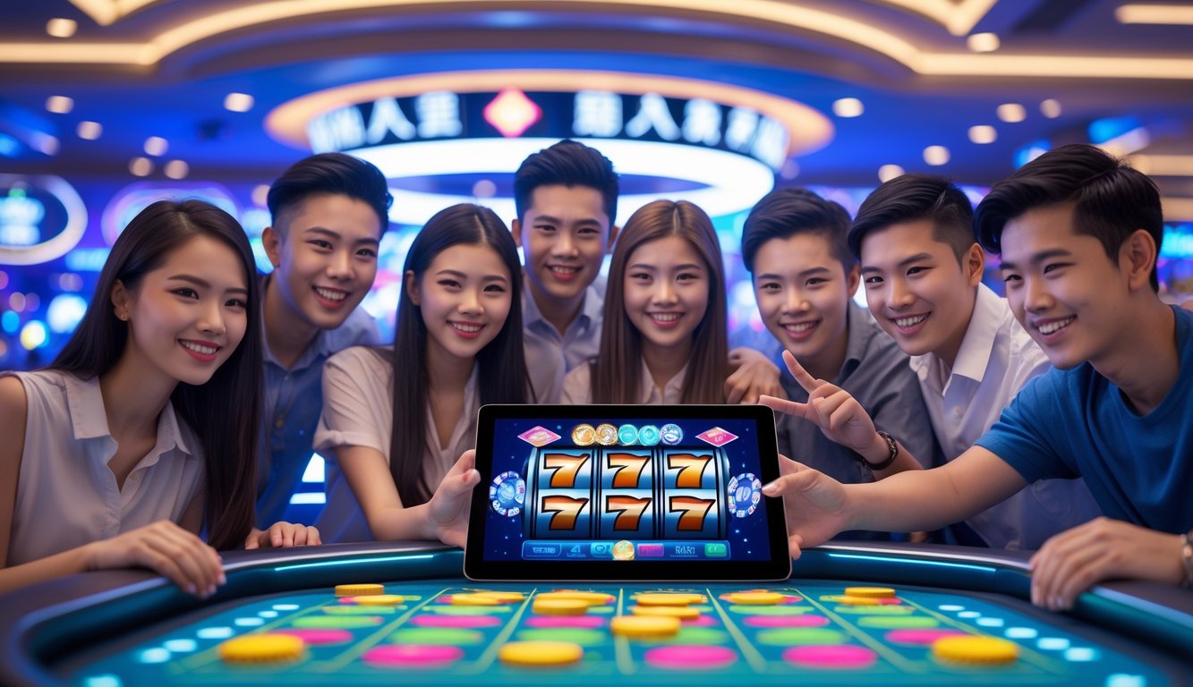 Sekelompok orang muda sedang bermain permainan kasino digital dengan latar belakang pemandangan kota Macau yang terang dan mewah.