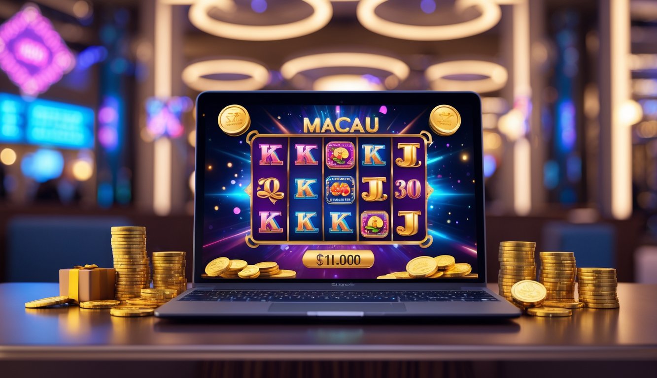 Meja kerja modern dengan laptop yang menampilkan permainan judi 3D bertema Macau, dikelilingi koin emas dan chip kasino.