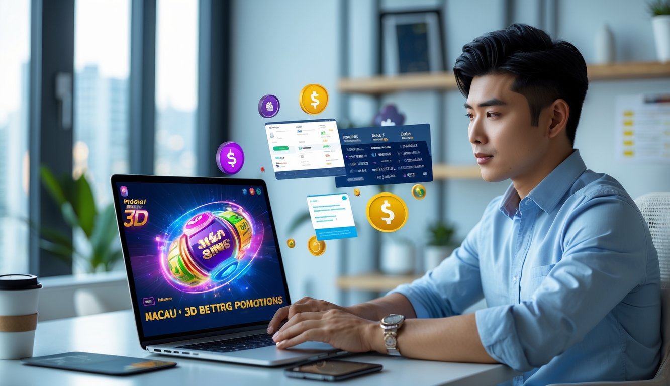 Seorang pria muda duduk di meja dengan laptop, fokus pada layar yang menunjukkan permainan judi online, di ruang kerja yang terang dan rapi.