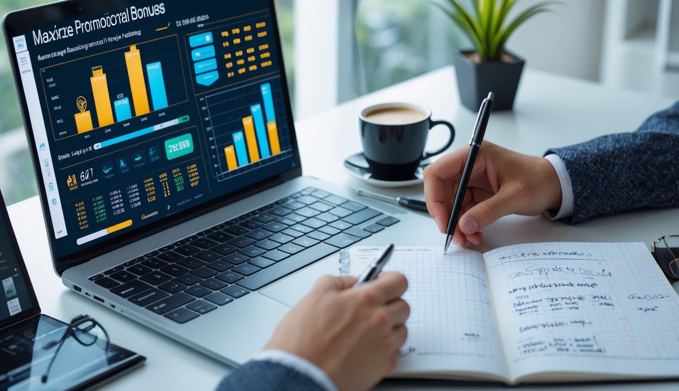 Meja kerja dengan laptop, smartphone, dan buku catatan, seseorang sedang merencanakan strategi promosi bonus judi Macau 3D.