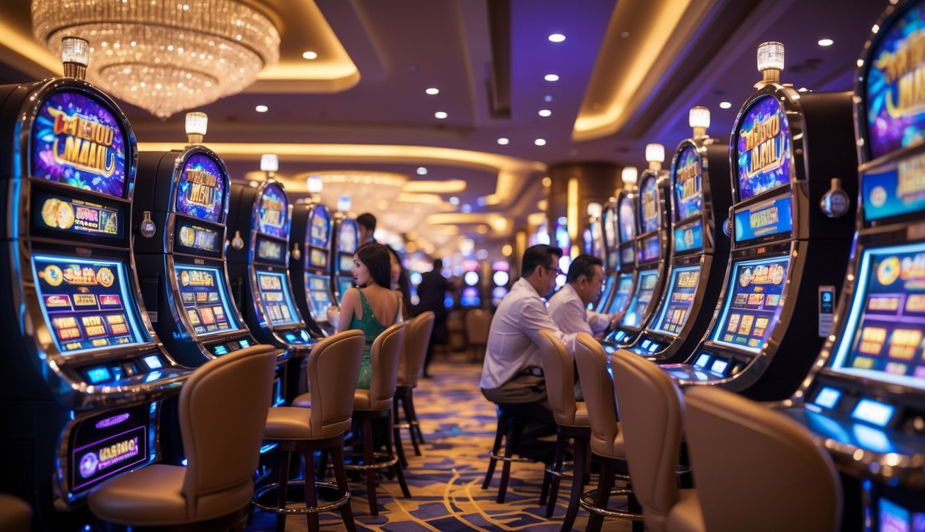 Suasana kasino mewah di Macau dengan mesin slot 3D dan pemain yang sedang bermain dengan antusias.