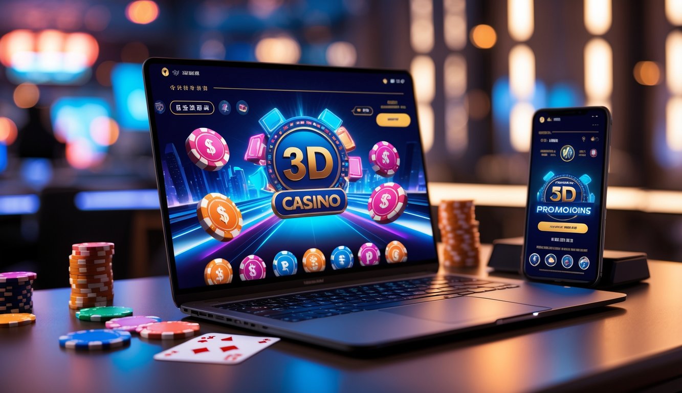 Seorang pria menggunakan laptop dengan tampilan permainan kasino 3D, dikelilingi chip poker dan kartu remi di meja kerja.