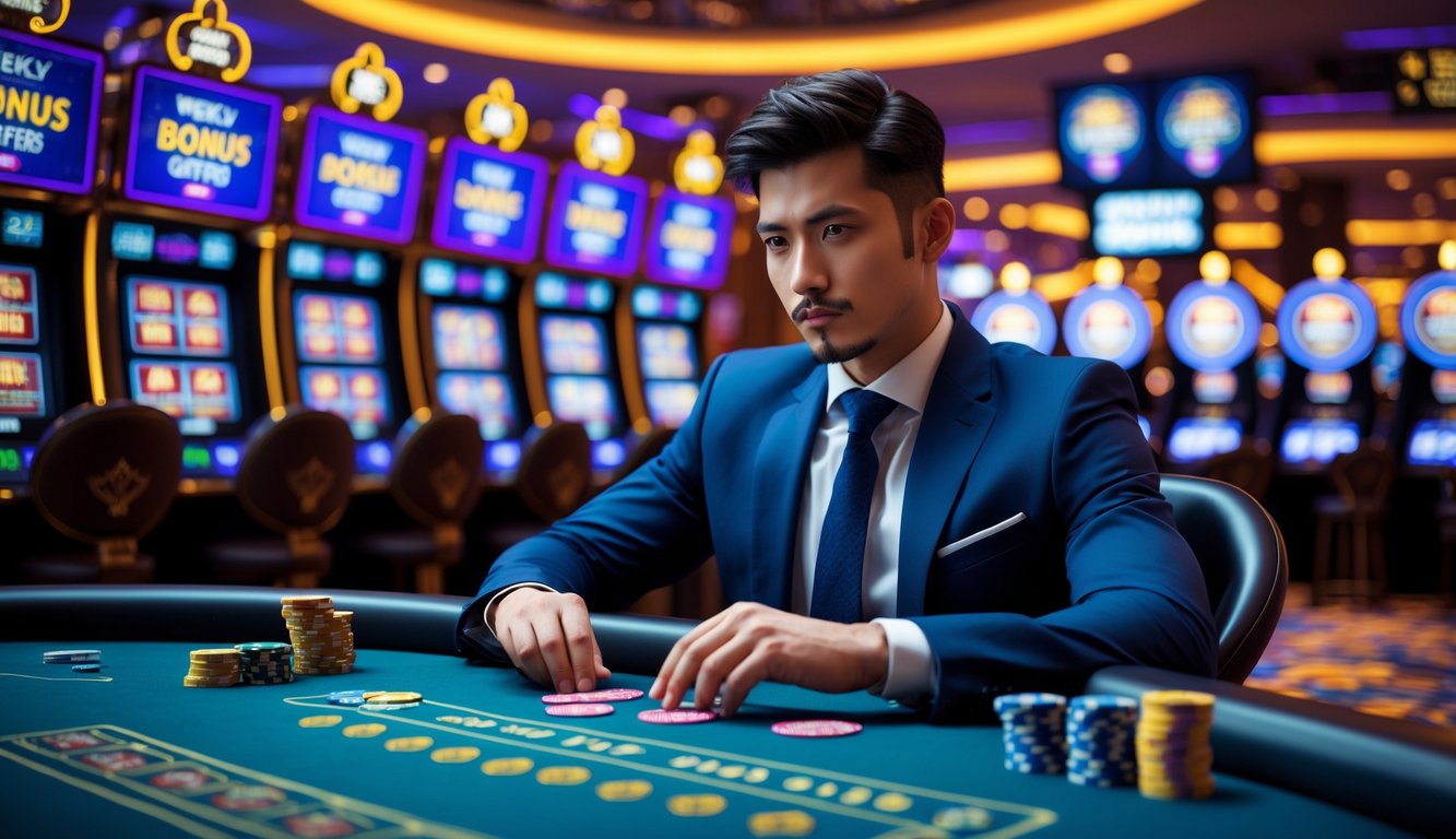 Seorang pria muda duduk di meja kasino dengan mesin slot 3D dan layar digital di sekitarnya, terlihat fokus dan tenang dalam suasana kasino yang terang dan modern.