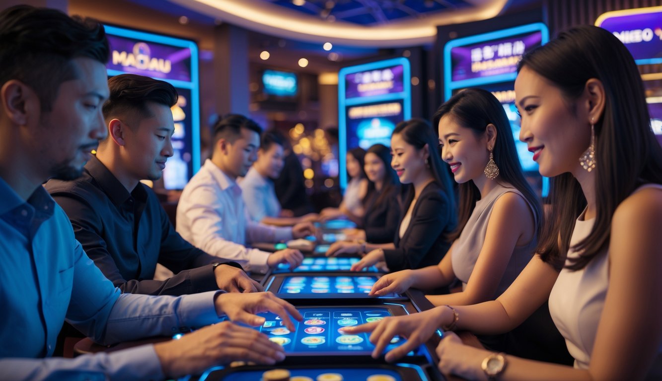 Orang-orang bermain judi Macau 3D dengan perangkat digital di lingkungan kasino yang modern dan ramai.