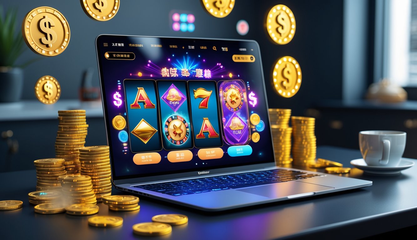 Seorang pengguna sedang melihat layar laptop dengan tampilan permainan kasino online dan simbol bonus di meja kerja yang rapi.