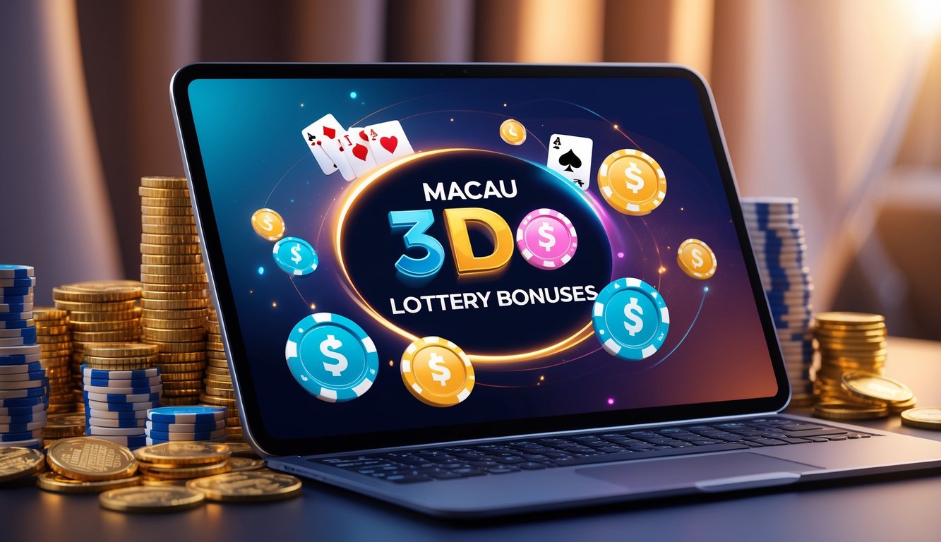 Sebuah perangkat digital menampilkan grafik promosi bonus judi dengan elemen chip kasino, kartu remi, dan koin emas di sekitarnya.