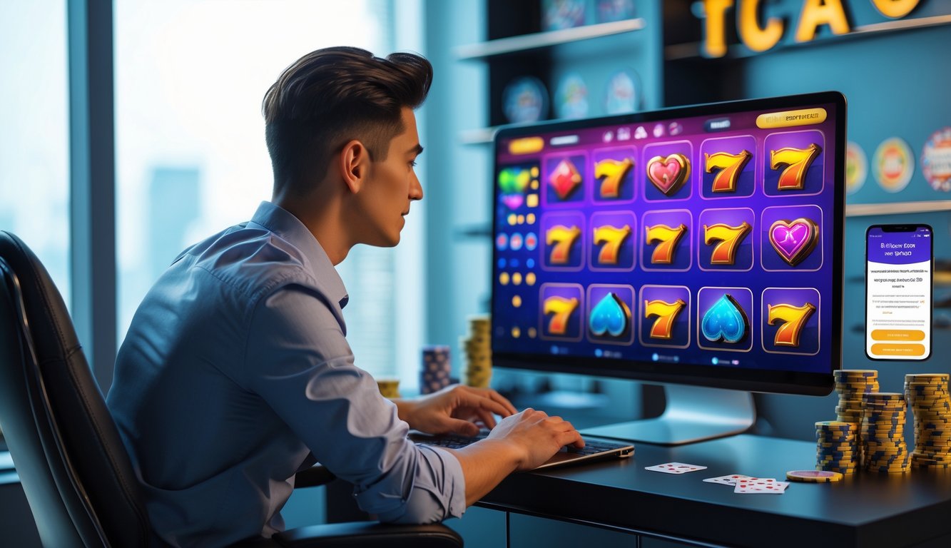 Seorang pria muda duduk di meja dengan laptop yang menampilkan permainan kasino online dan elemen terkait promosi bonus judi.