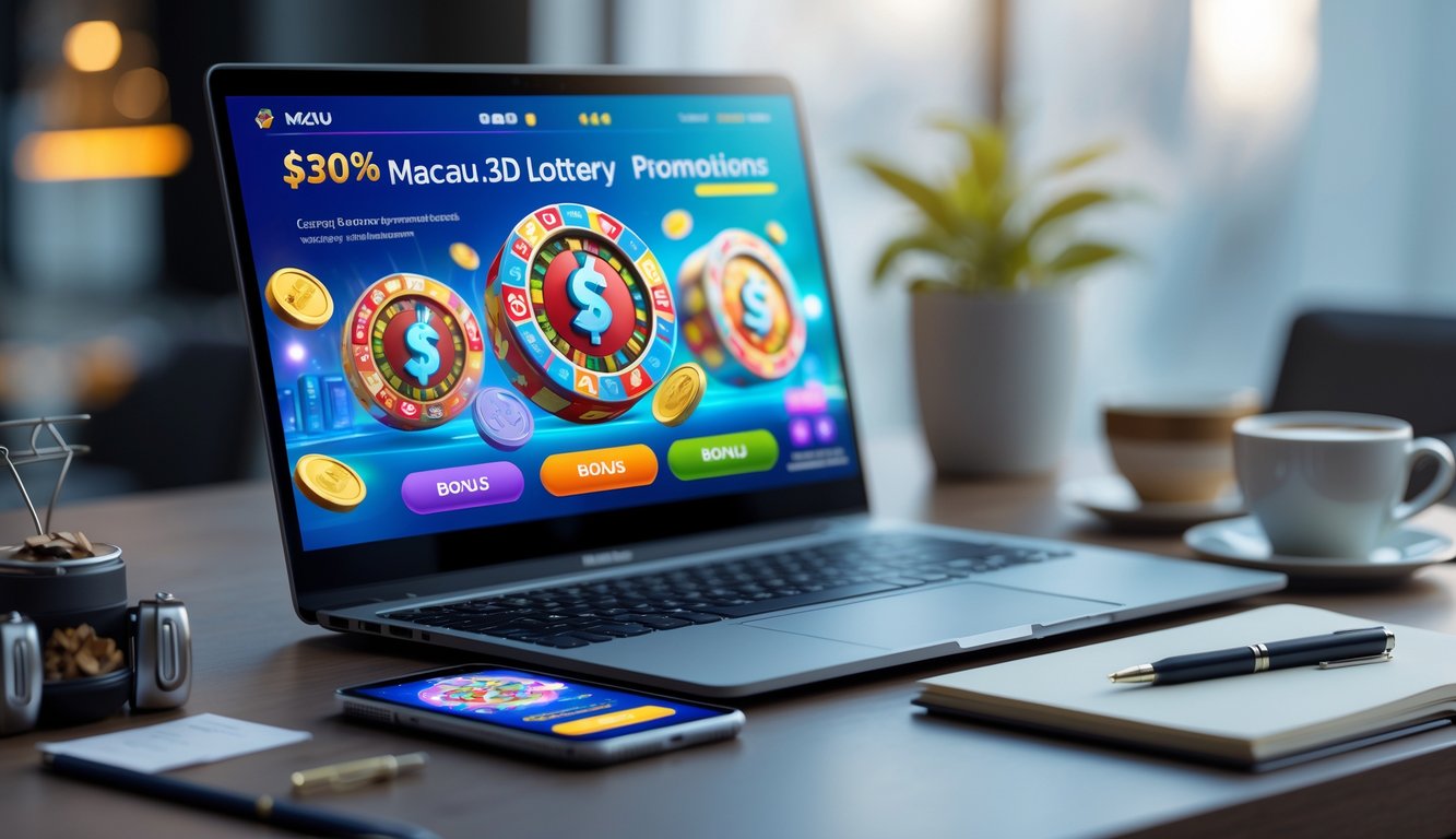 Meja kerja dengan laptop dan ponsel yang menampilkan antarmuka permainan judi online, dikelilingi oleh cangkir kopi dan buku catatan.