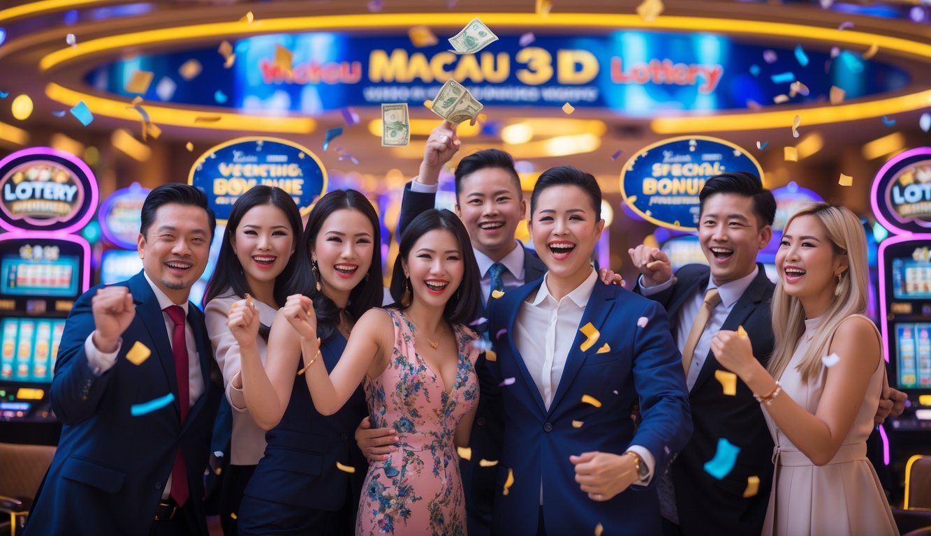 Sekelompok orang merayakan kemenangan jackpot di kasino dengan suasana meriah dan pencahayaan warna-warni.