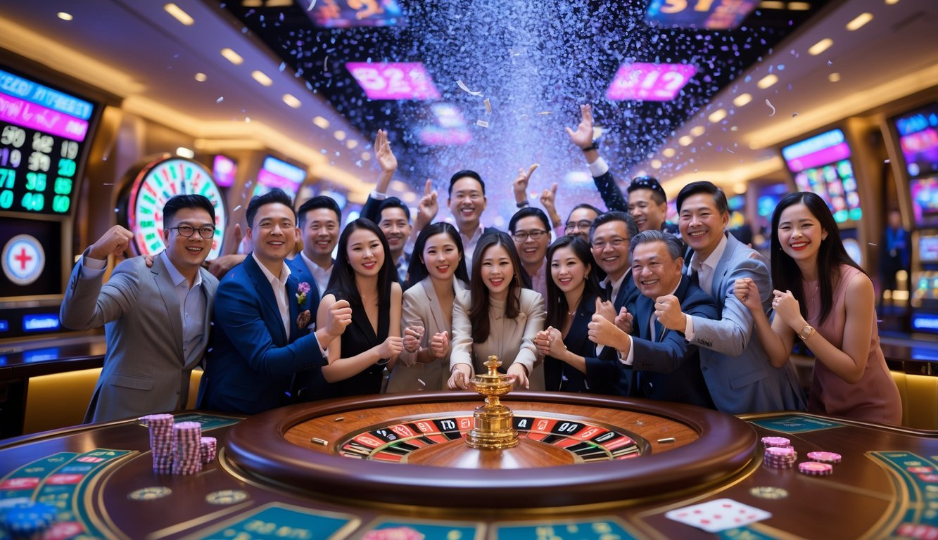 Sekelompok orang merayakan kemenangan jackpot di kasino modern dengan lampu warna-warni dan suasana meriah.