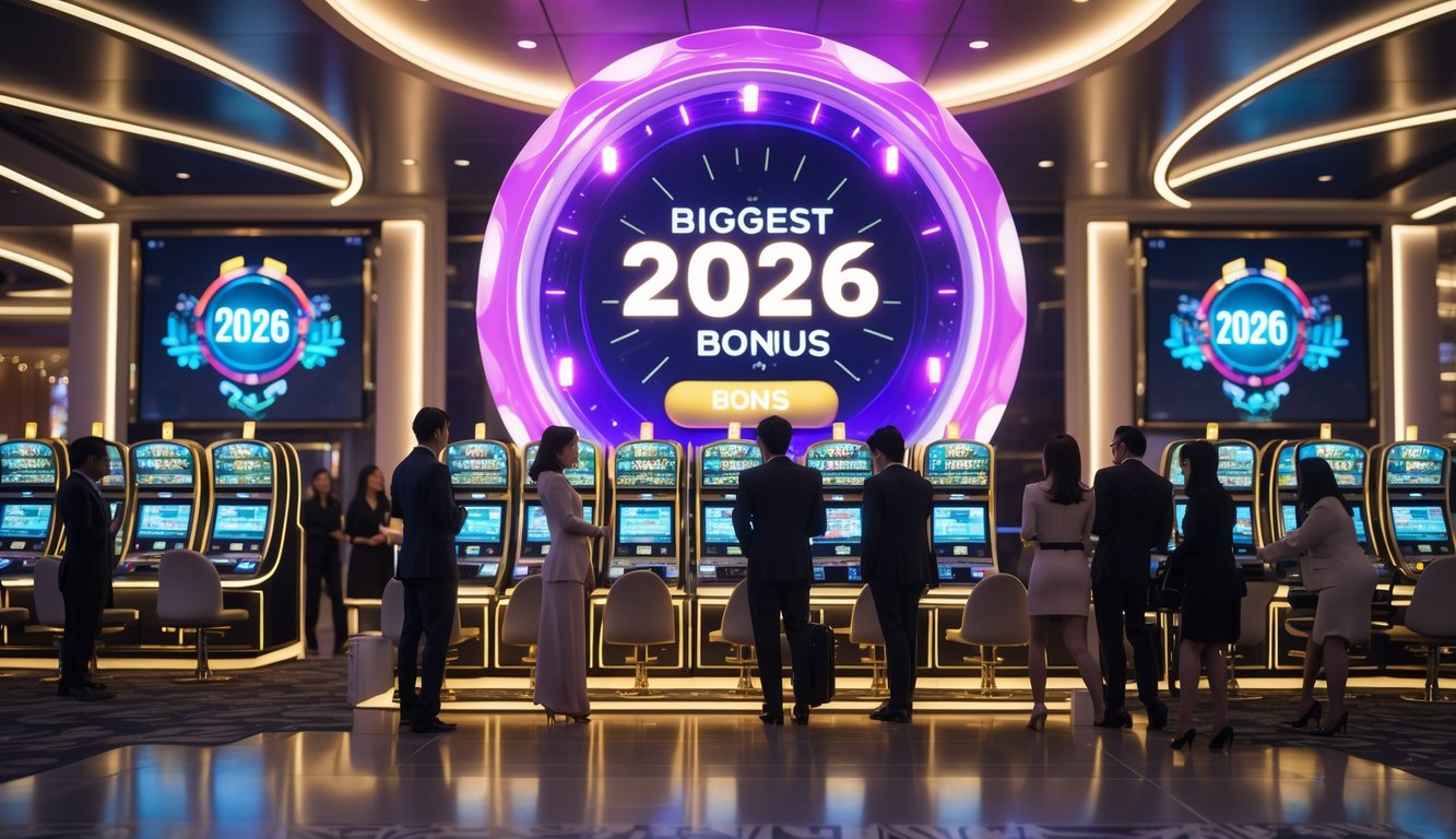Suasana kasino modern dengan orang-orang bermain mesin judi dan layar besar menampilkan grafik bonus besar di latar belakang.