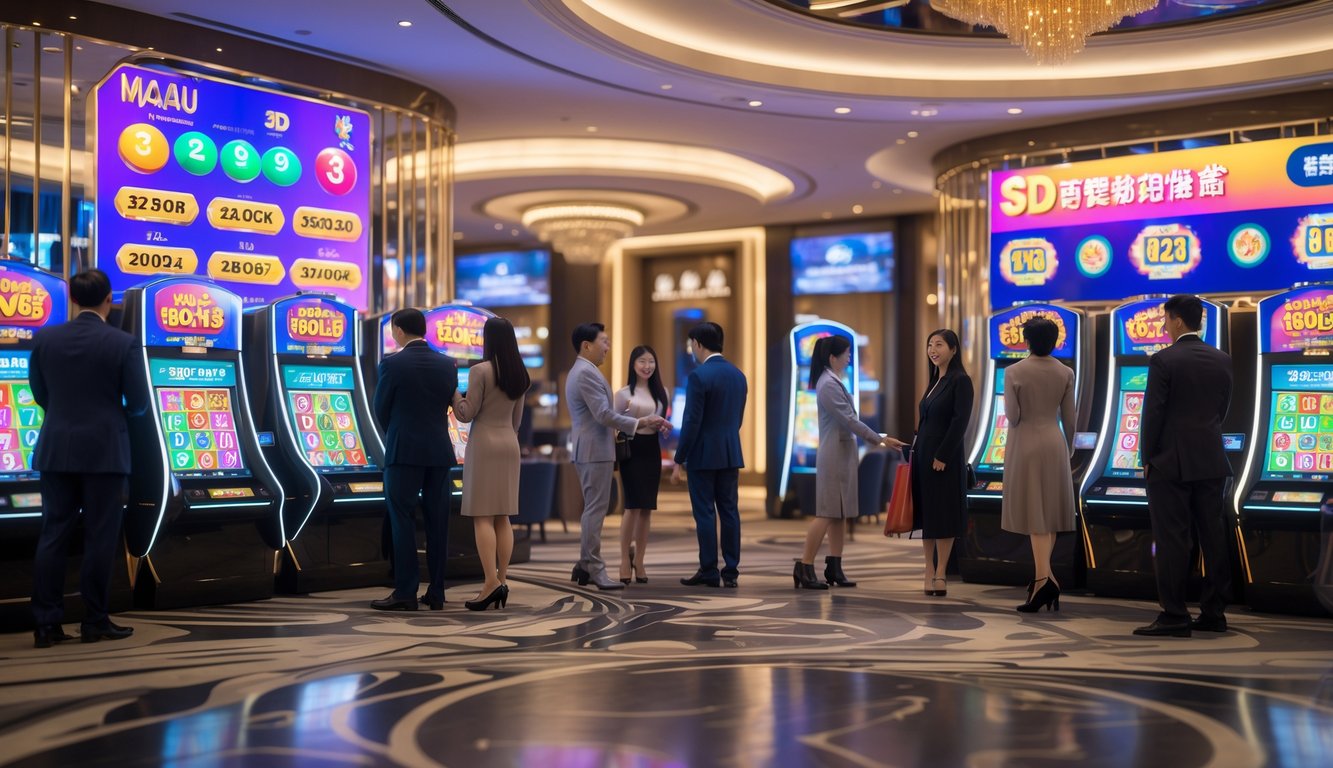 Orang-orang berpakaian rapi sedang menggunakan mesin lotre digital di dalam kasino yang modern dan elegan dengan layar menampilkan grafis 3D warna-warni.