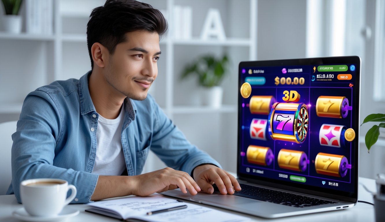 Seorang pria muda duduk di meja dengan laptop yang menampilkan permainan kasino online, dikelilingi oleh catatan dan ponsel, terlihat fokus dan berpikir.