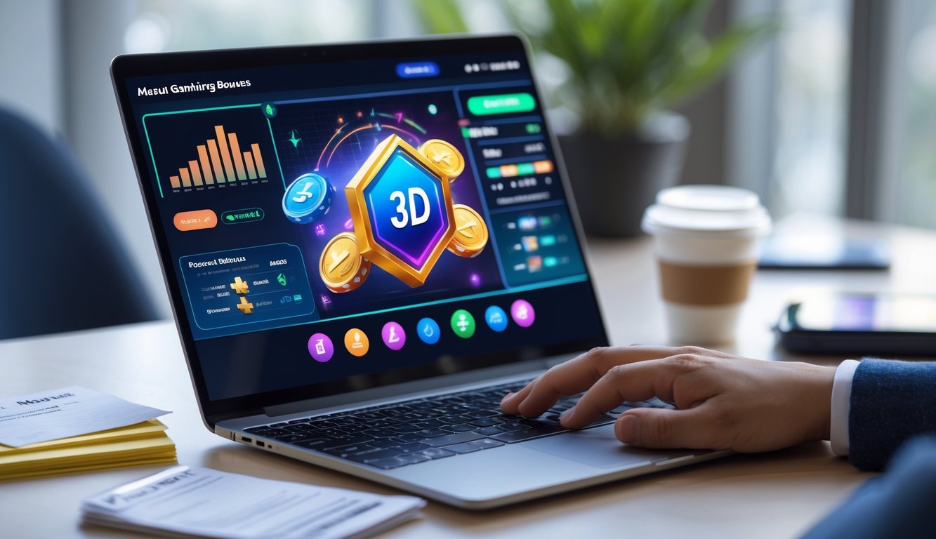 Seorang pemula sedang belajar menggunakan laptop dengan tampilan promosi bonus judi Macau 3D di meja kerja yang rapi.