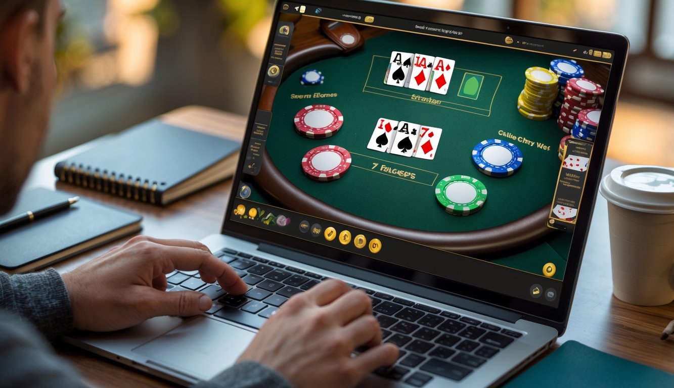 Seorang pemain menggunakan laptop menampilkan permainan poker online dengan kartu dan chip poker di meja, suasana fokus dan nyaman.