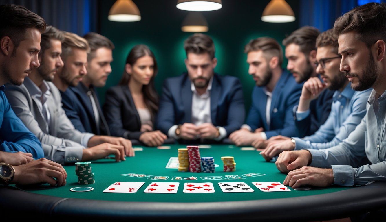 Beberapa pemain poker serius duduk di sekitar meja hijau dengan kartu dan tumpukan chip, fokus bermain Seven Card Stud Hi-Lo.