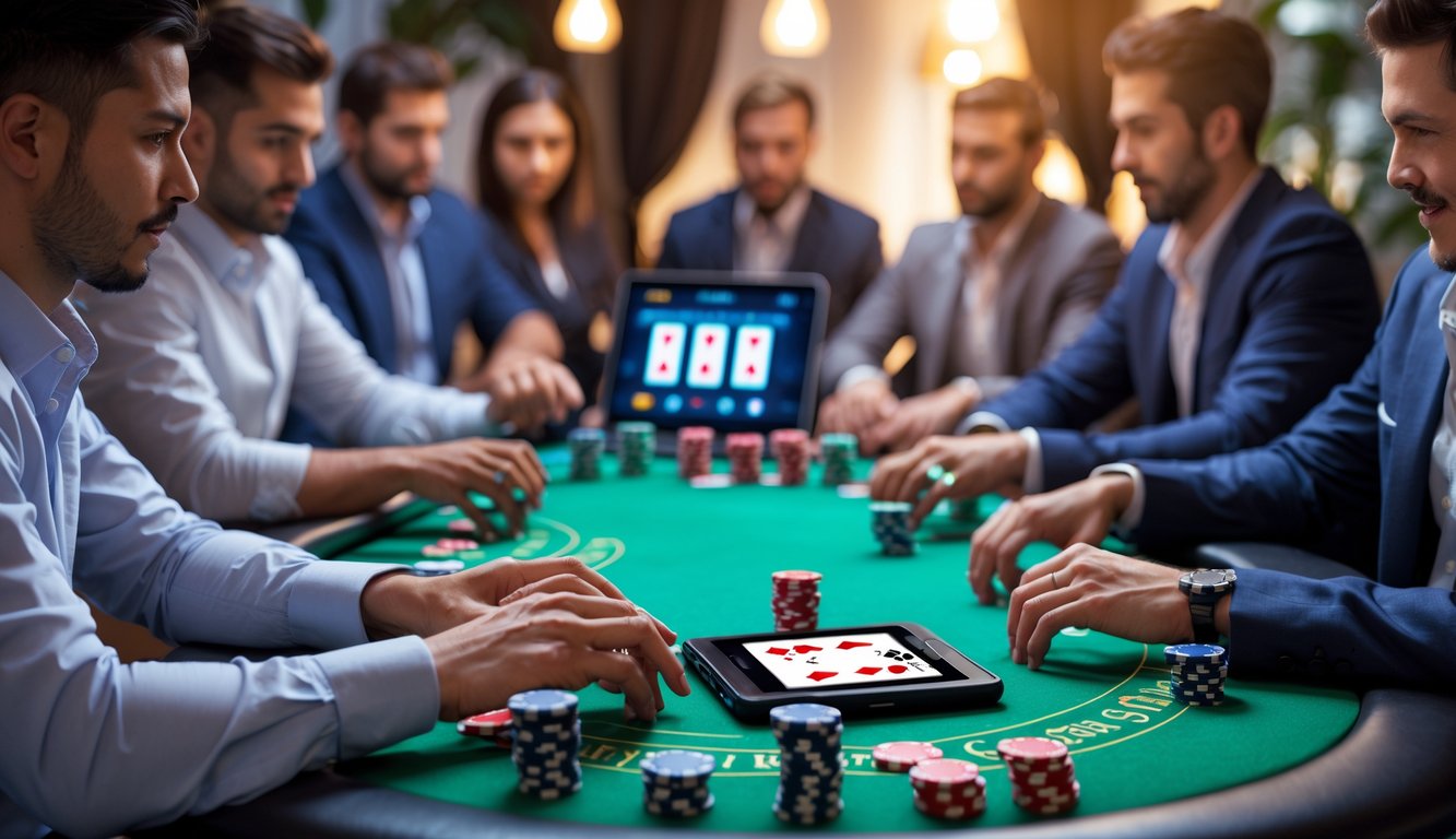 Beberapa orang bermain poker Seven Card Stud Hi-Lo online di meja hijau dengan chip dan kartu, menggunakan laptop untuk bermain.