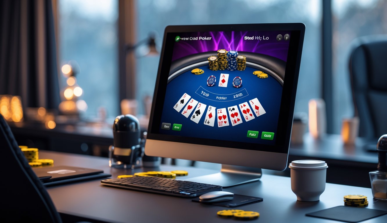 Seorang pemain poker online sedang bermain Seven Card Stud Hi-Lo di depan komputer dengan kartu dan chip poker di meja.