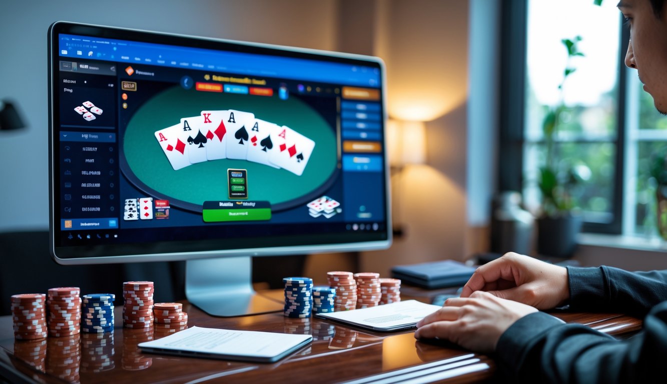 Seorang pemain poker sedang mengatur chip dan uang di depan laptop yang menampilkan permainan poker online Seven Card Stud Hi-Lo.