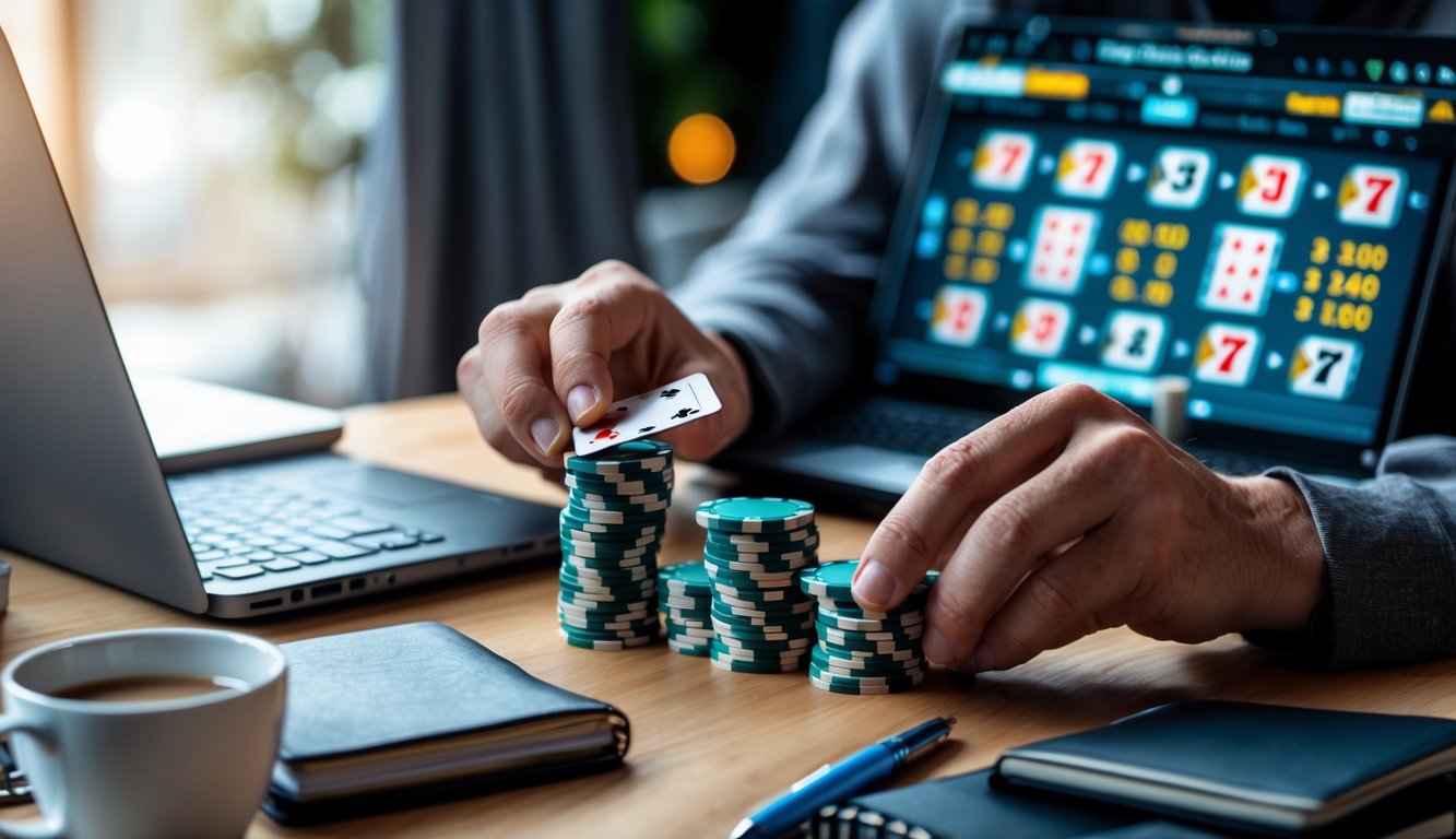 Seorang pemain poker sedang mengatur chip dan kartu di depan layar komputer dengan permainan poker Seven Card Stud Hi-Lo online.