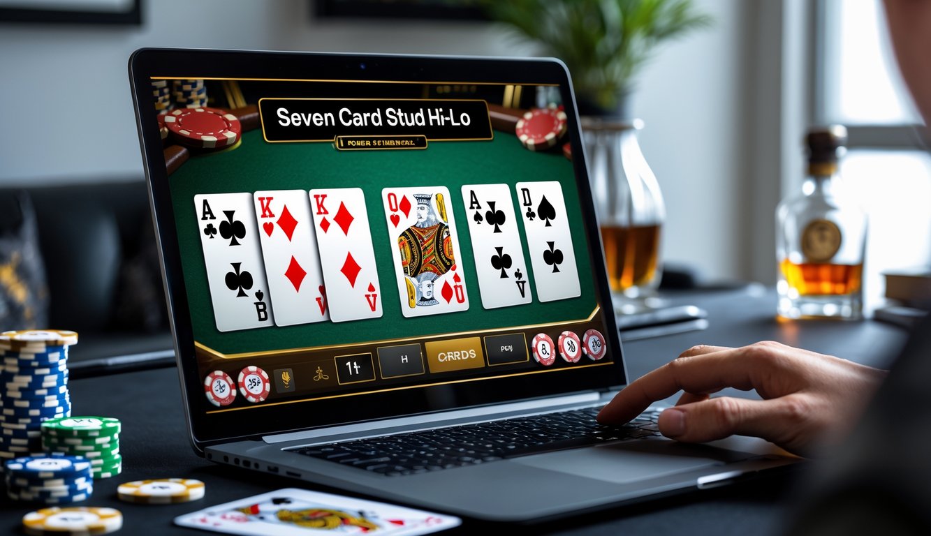 Seseorang sedang bermain poker online Seven Card Stud Hi-Lo di depan layar komputer dengan kartu dan chip poker terlihat di meja.