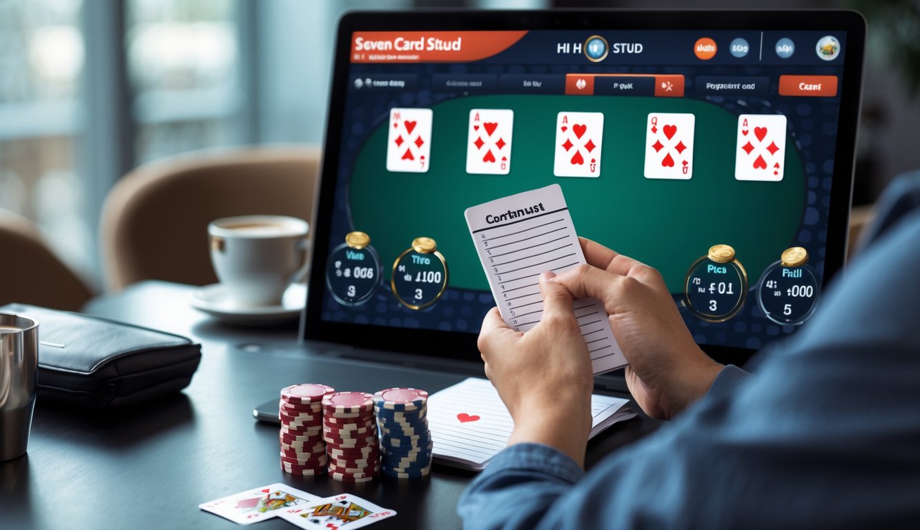 Seseorang menghitung peluang poker Seven Card Stud Hi-Lo secara online di depan layar komputer dengan kartu dan chip poker di meja.