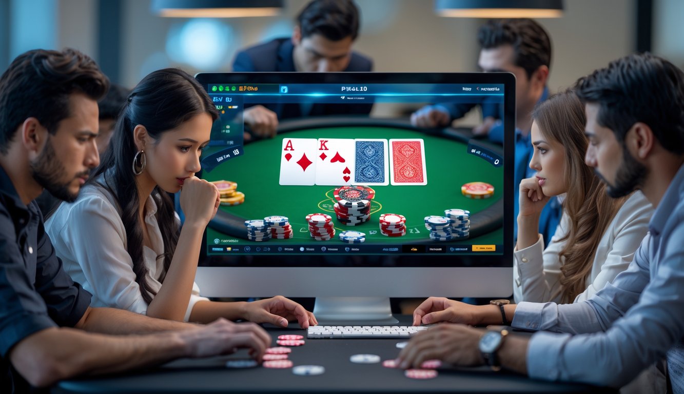 Beberapa orang sedang bermain poker online Seven Card Stud Hi-Lo dengan komputer dan kartu di meja.
