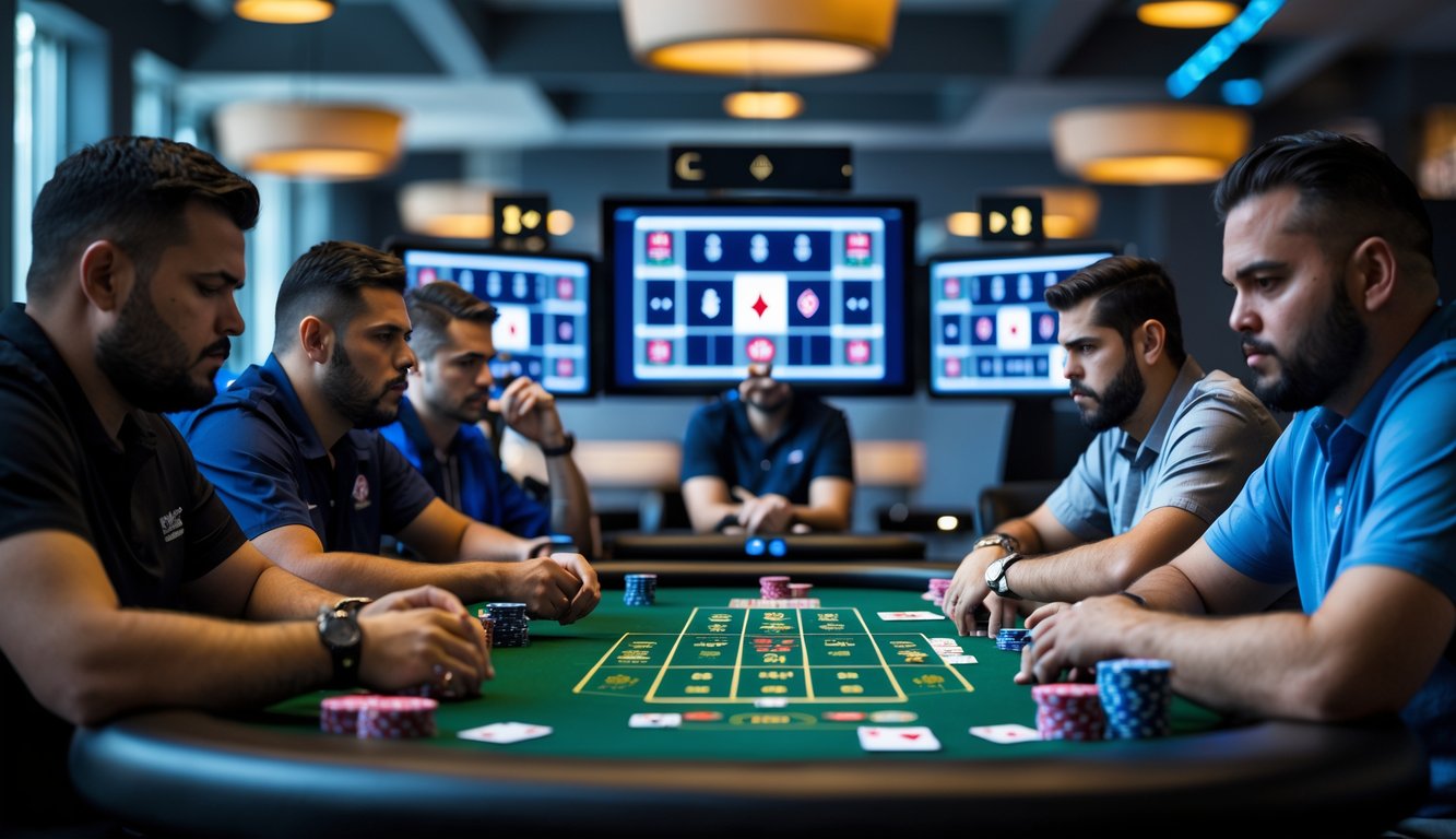 Beberapa pemain serius sedang bermain poker Seven Card Stud Hi-Lo online di meja dengan kartu dan chip poker.