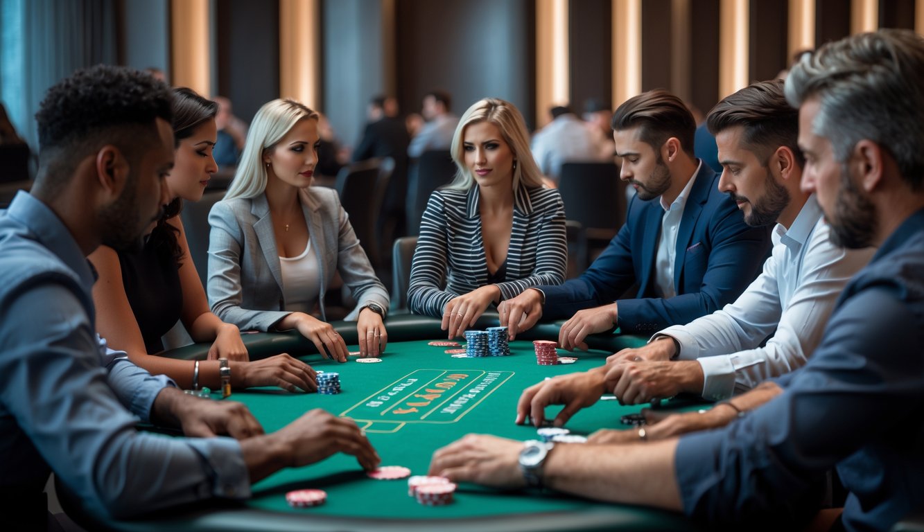 Beberapa orang bermain poker Seven Card Stud Hi-Lo di meja poker hijau di sebuah ruangan kasino yang modern.