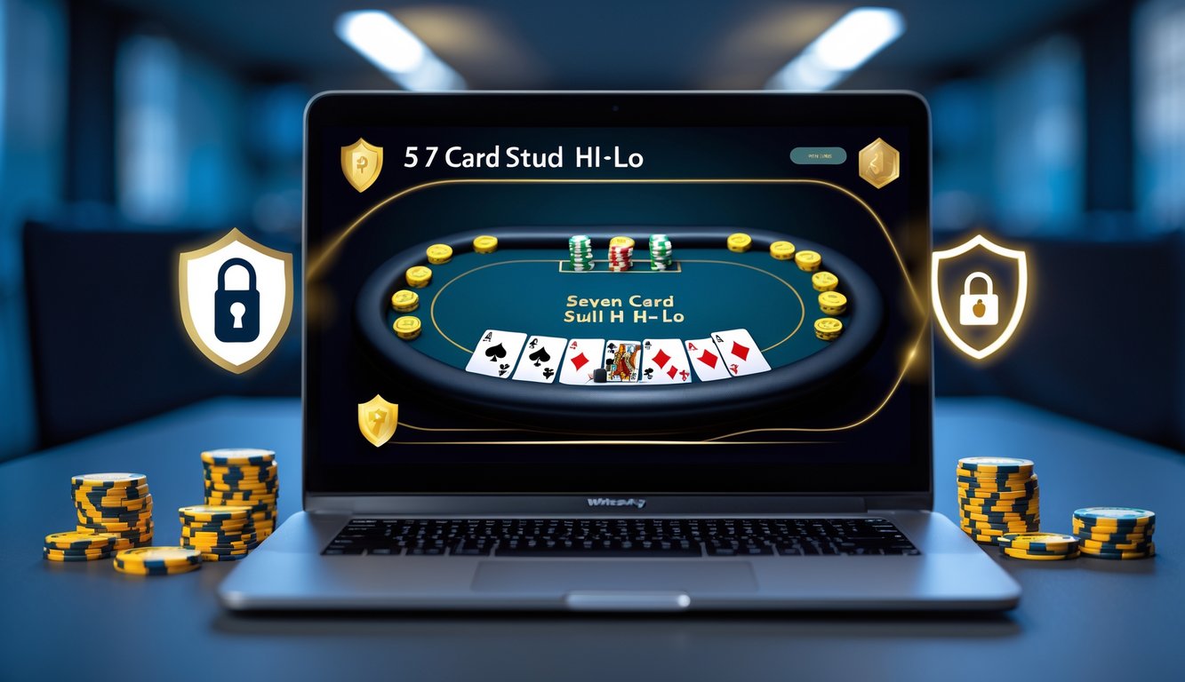 Suasana permainan poker online Seven Card Stud Hi-Lo yang menampilkan meja poker digital di layar komputer dengan kartu dan chip, di lingkungan yang aman dan terpercaya.