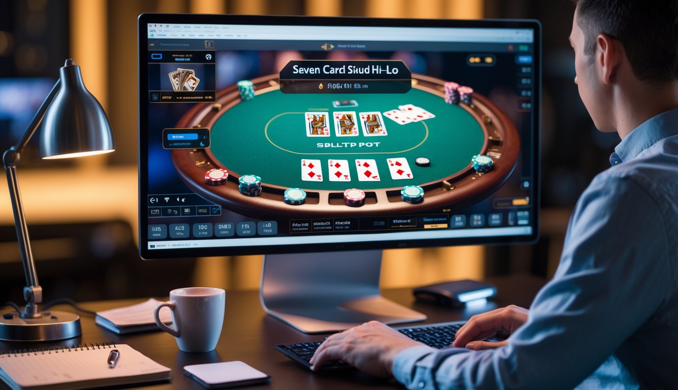 Seorang pemain poker online fokus bermain Seven Card Stud Hi-Lo di depan komputer dengan layar menampilkan meja poker dan chip taruhan.