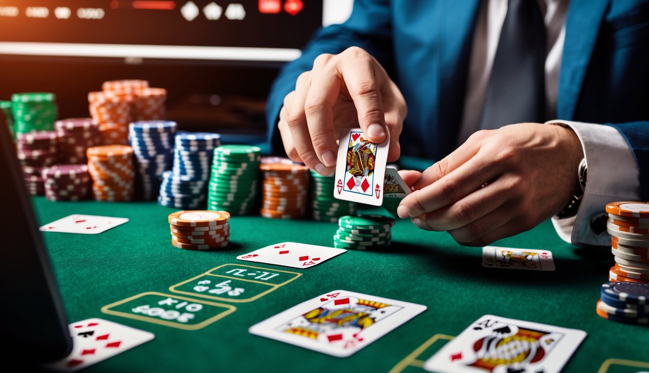 Meja poker dengan chip dan kartu yang sedang dibagikan dalam permainan Seven Card Stud Hi-Lo.
