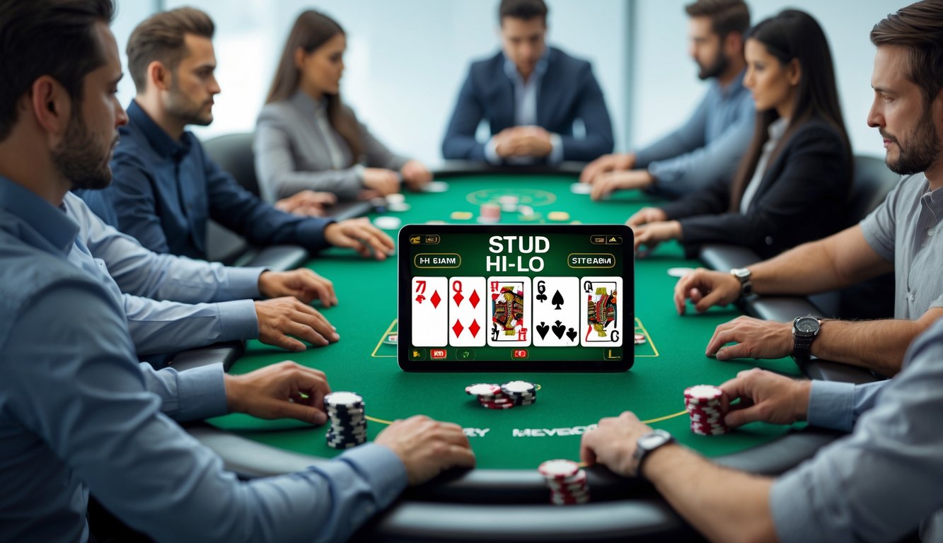 Sebuah permainan poker online Seven Card Stud Hi-Lo dengan pemain yang fokus dan kartu terlihat jelas di layar perangkat digital.