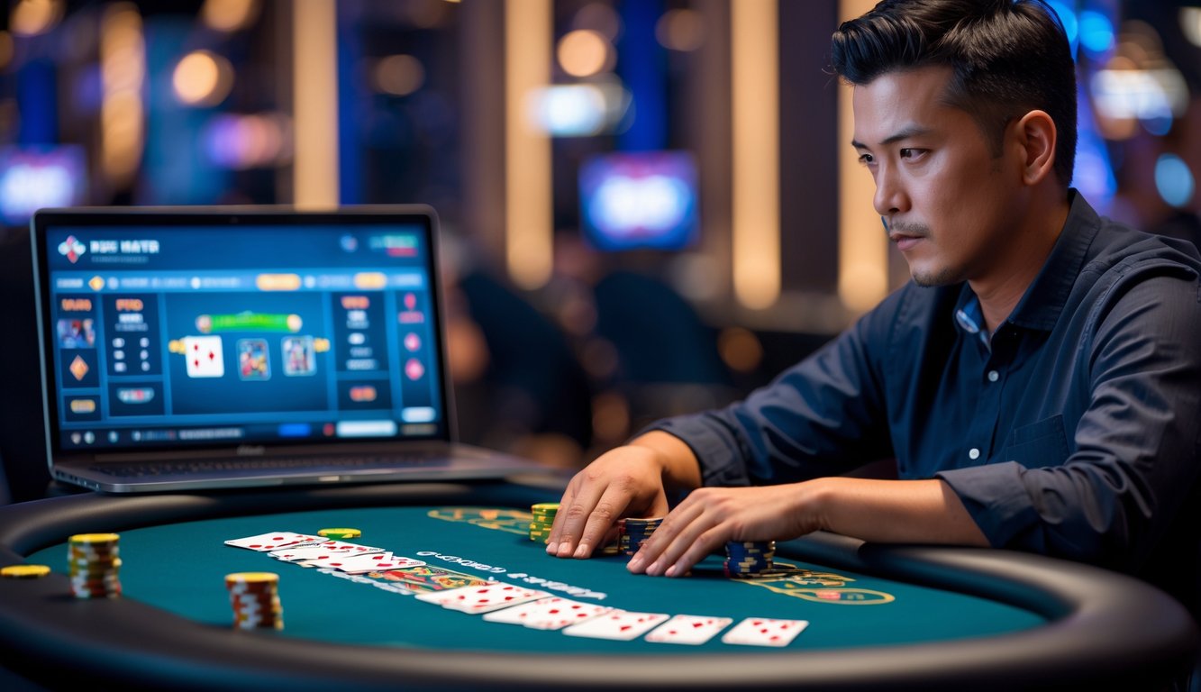 Seorang pemain poker fokus bermain Seven Card Stud Hi-Lo di meja poker online dengan kartu dan chip di depan.
