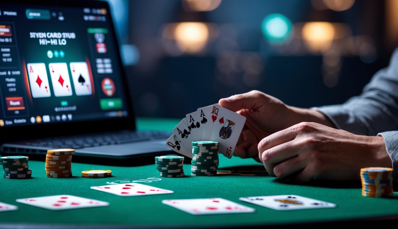 Seorang pemain poker sedang memegang kartu di depan laptop dengan tumpukan chip di meja hijau.