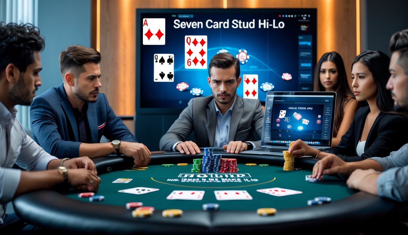 Beberapa pemain poker sedang bermain online dengan fokus pada satu pemain yang tampak melakukan bluff dengan ekspresi percaya diri di depan meja poker.
