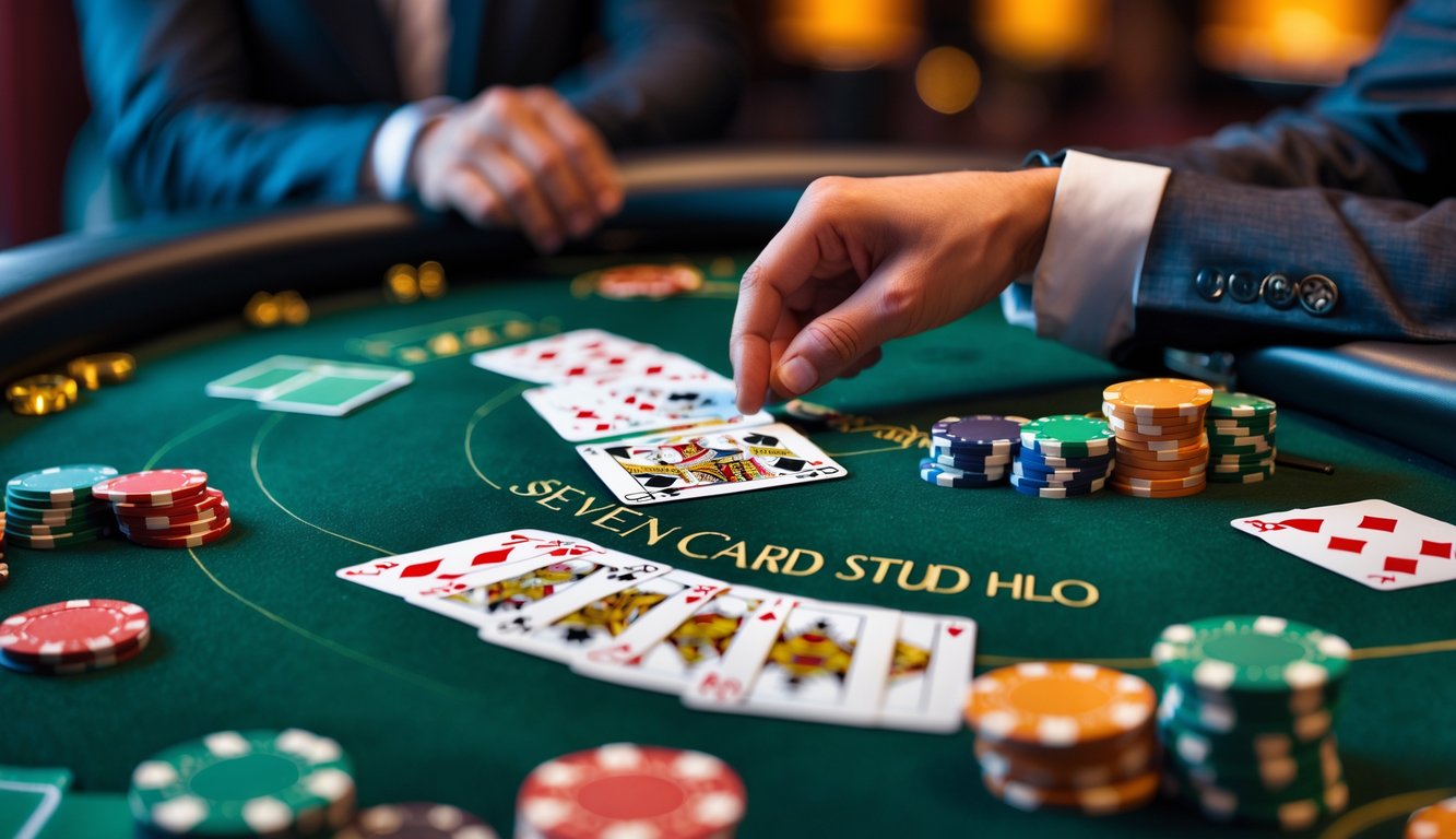 Meja poker dengan kartu dan chip poker yang tersusun rapi, menampilkan suasana permainan poker Seven Card Stud Hi-Lo.